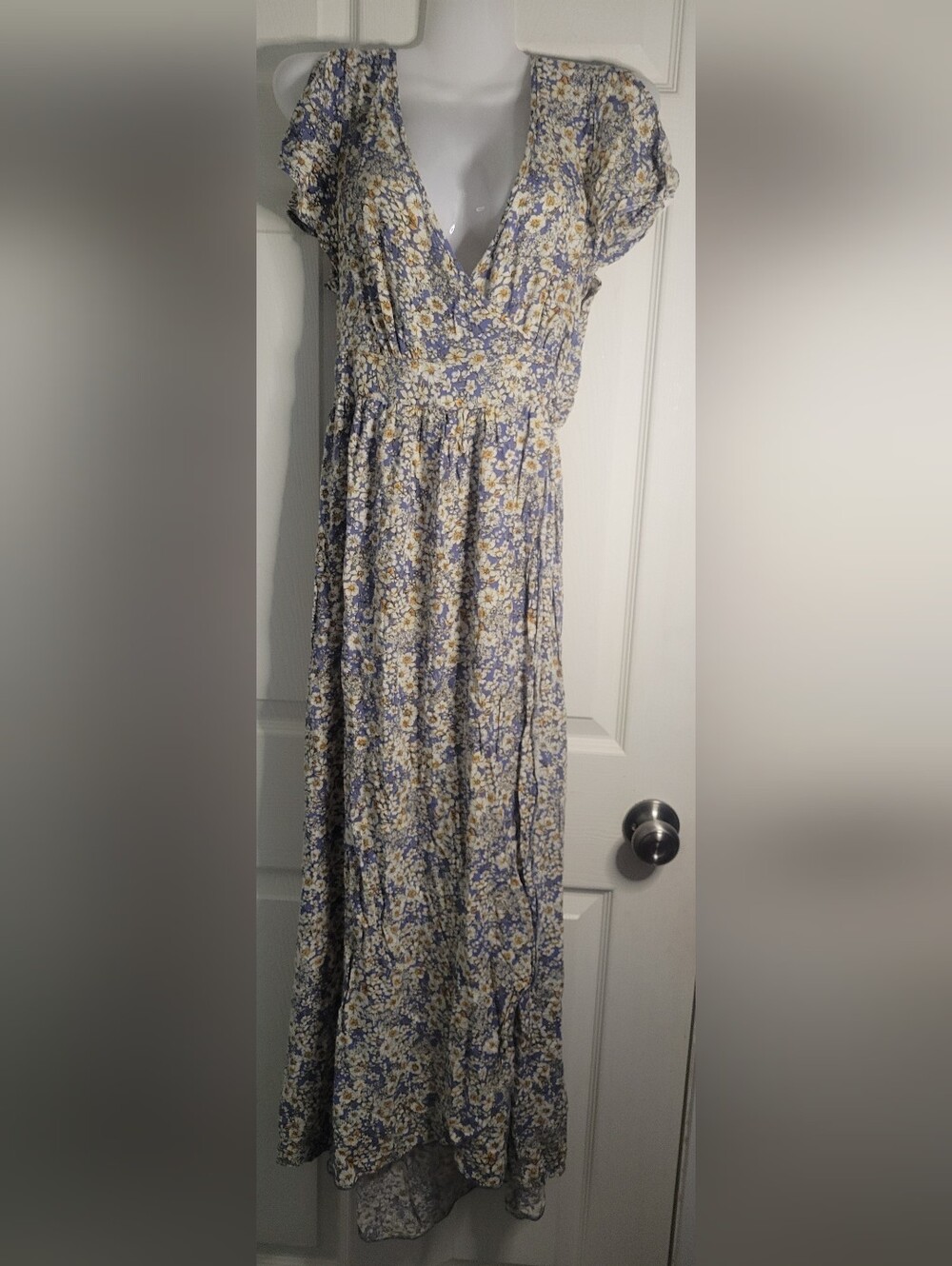 Patrons of Peace Small Breeze Floral Flutter Sleeve Boho Maxi Dress Blue